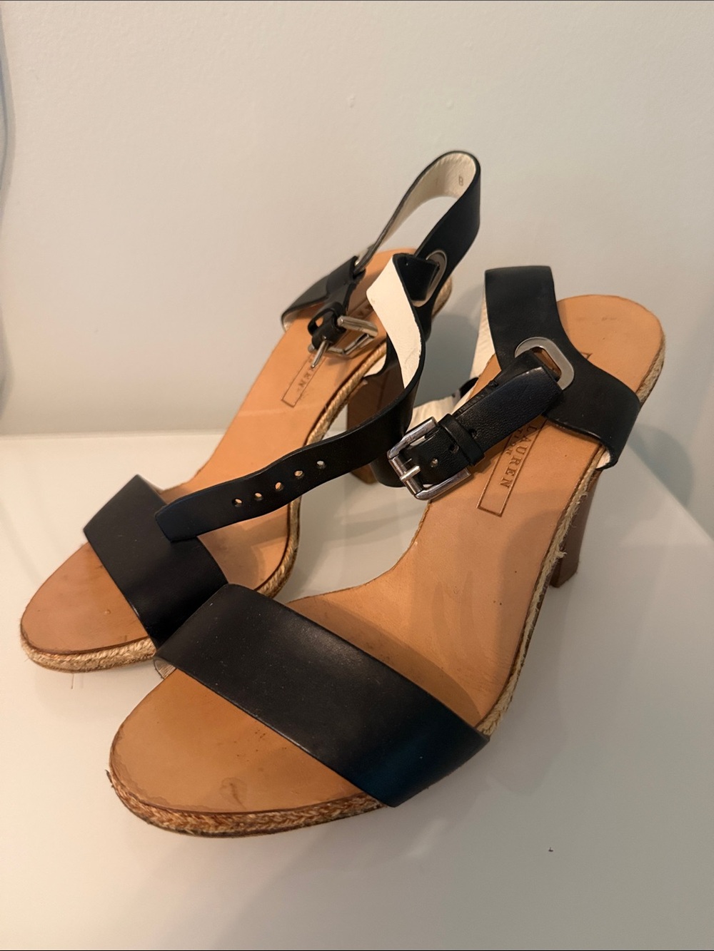 Ralph Lauren collection Black Leather Wedge Slingback Sandals